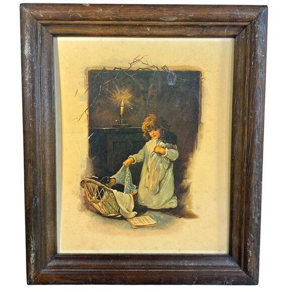 Vintage Wooden Framed Print Little Girl Checking On Her Puppy - Picture 1 of 8